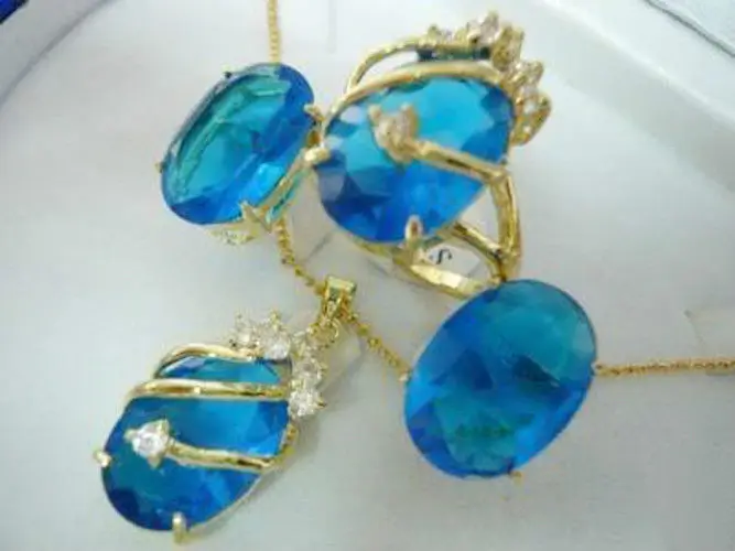 

Charming Blue jade pendant necklace earring ring set>^^1>18K gold plated watch Quartz stone CZ crystal