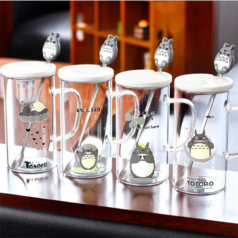 En Ligne Mignon Totoro tasse belle tasse à café avec cuillère en acier inoxydable écologique tasse à café en verre avec couvercle en céramique fille ami cadeau