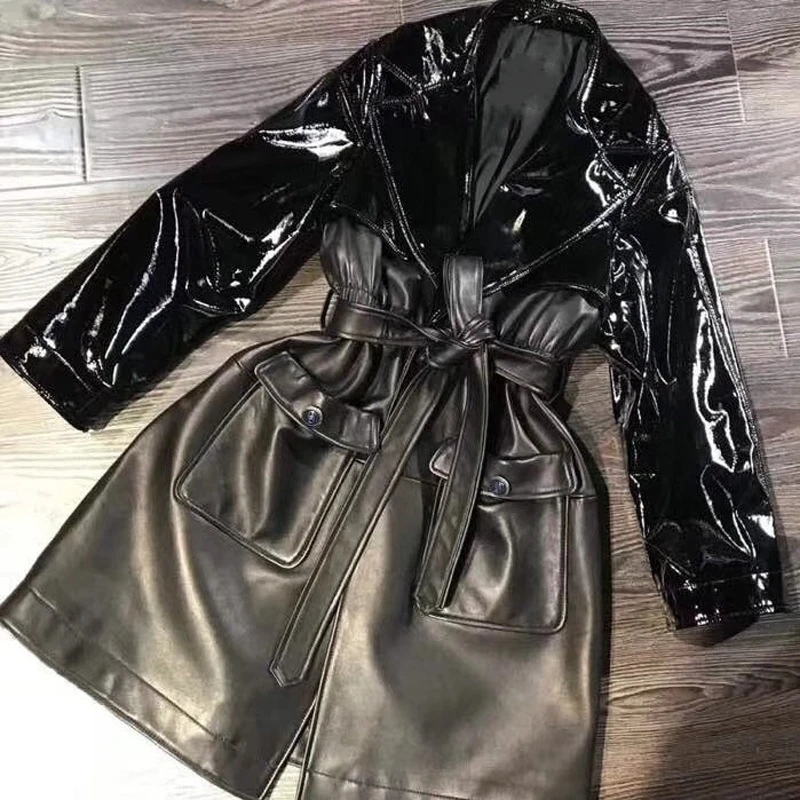 

Sheepskin Leather Patent Leather Patchwork Long Trench Coats 2019 Autumn Winter Women Belt Real Leather Outerwear Black W1772