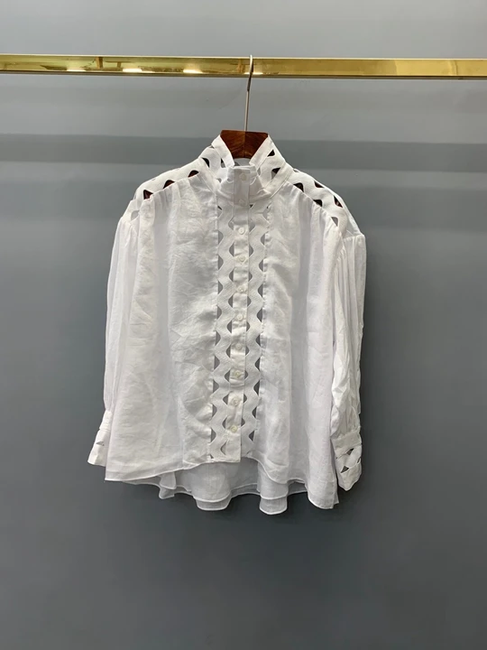 

Summer 2019 New Women's Little Collar Water-Soluble Hollow Long-sleeved Pure-color Baitie Top 701