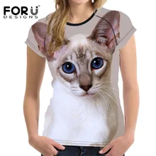 FORUDESIGNS/спортивные футболки для фитнеса для женщин, Сиамский кот, принт, бегущая, эластичная спортивная одежда, короткий рукав, тонкие Топы