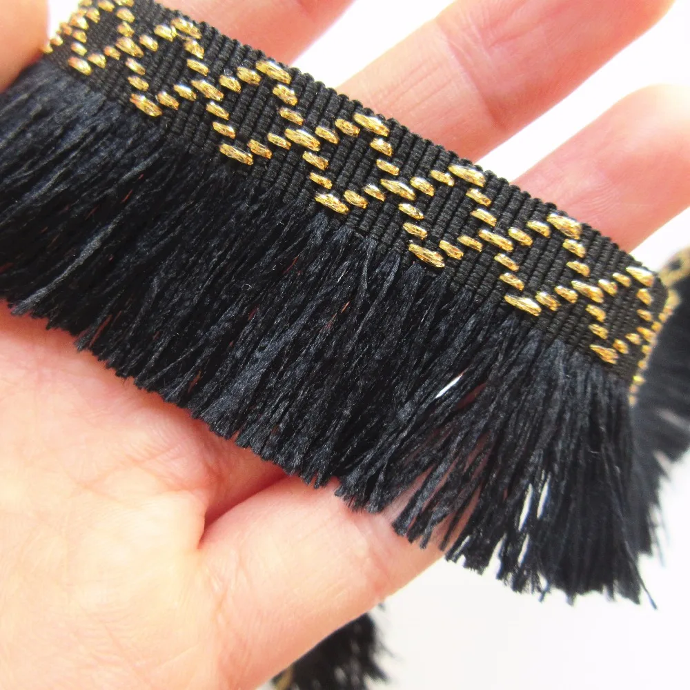 

2 yard Black Gold Cotton Tassel Fringe Embroidered Lace Trim Ribbon Fabric Handmade DIY Garment Wedding Dress Sewing Craft
