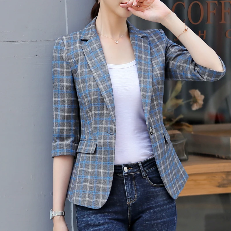 

Fashion Single Button plaid blazer women Half sleeve slim blazer 2019 Casual spring summer jacket blazer female plus size 4XL