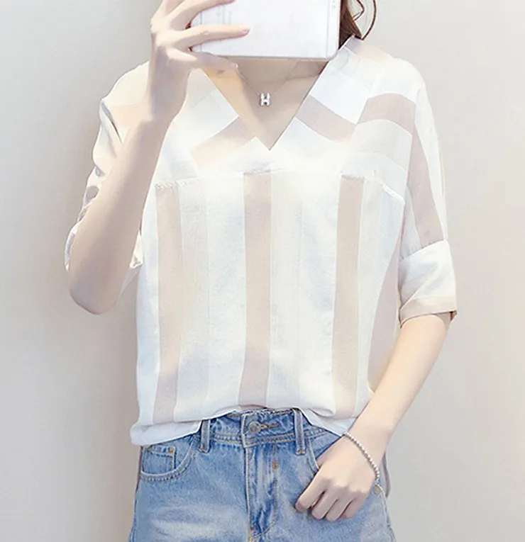 New Striped Blouses Women Shirts Ladies 2018 Summer Half Sleeve Womens Tops And Blouses V-neck Cotton Linen Blusas Femininas  (2)