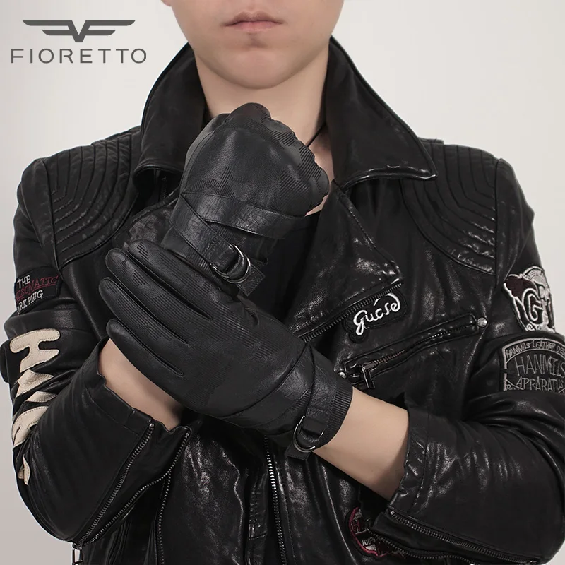 Мужские кожаные перчатки FIORETTO с сенсорным экраном, камуфляжные перчатки из козьей кожи, мягкие флисовые теплые зимние перчатки с пряжкой для вождения