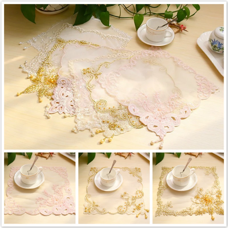 

Square 28cm New Embroidered Beaded Tulle Lace Placemat Table Mat Coffee Pad Fabric Audio Phone Set-top Box Towel Cover Coaster
