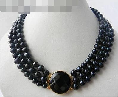 

0916 3Strands 18'' Round Black Freshwater Pearl Necklace