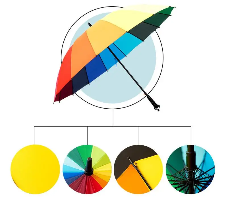Rainbow Umbrella 16 Long Shank Bone Pure Color Rods Sunshade Cloth Rain Gift Lighting Strike DHL In Party Favors From Home