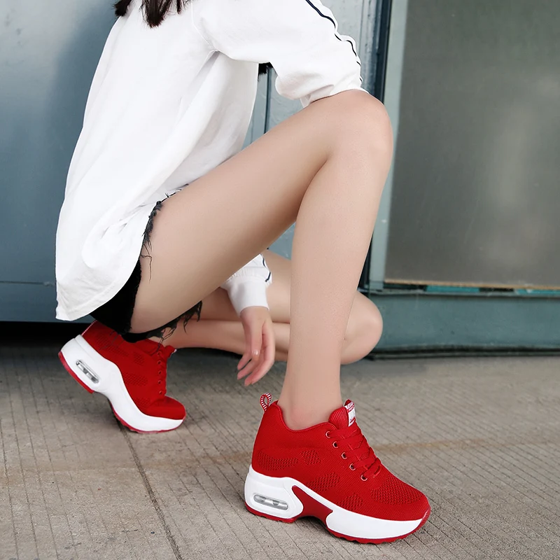 WADNASO Flying Knitting Fashion Sneakers Women Hide Heels Casual Shoes Breathable Platform Sneakers Wedge White Shoes XZ120 (42)