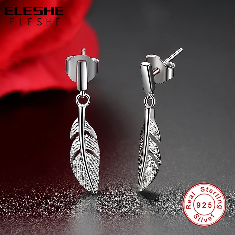 ELESHE Genuine Real 925 Sterling Silver Feather Leaf Earrings For Women Fashion Stud Earrings Brincos Femme Mother's day Gift