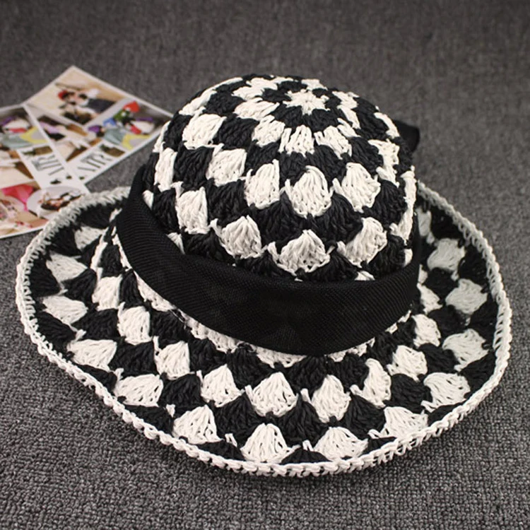 

Fancy summer styles black white checked lady crochet hats women hand made crochet beach sun hat