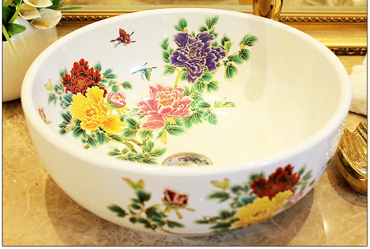 Europe Vintage Style Lavobo Ceramic Washing Basin Counter top Bathroom Sink hand painted vessel sinks Peony painting black (8)