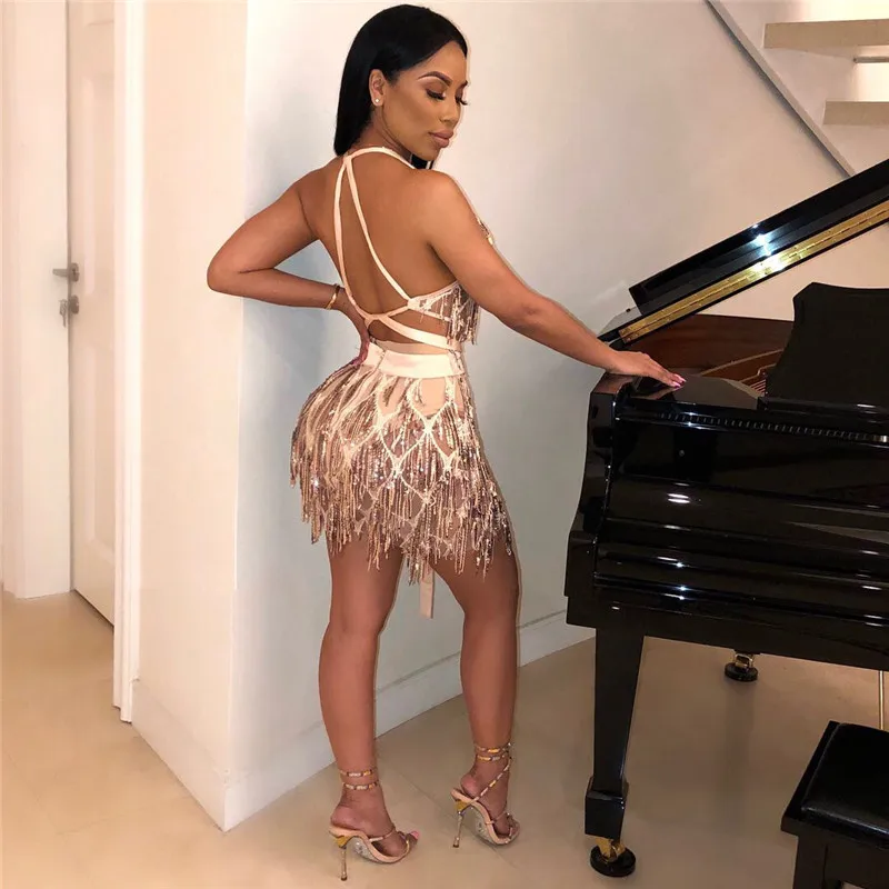 FREE SHIPPING Clubwear Outfits Sparkle Backless Tassel Sequin Dress JKP4840 