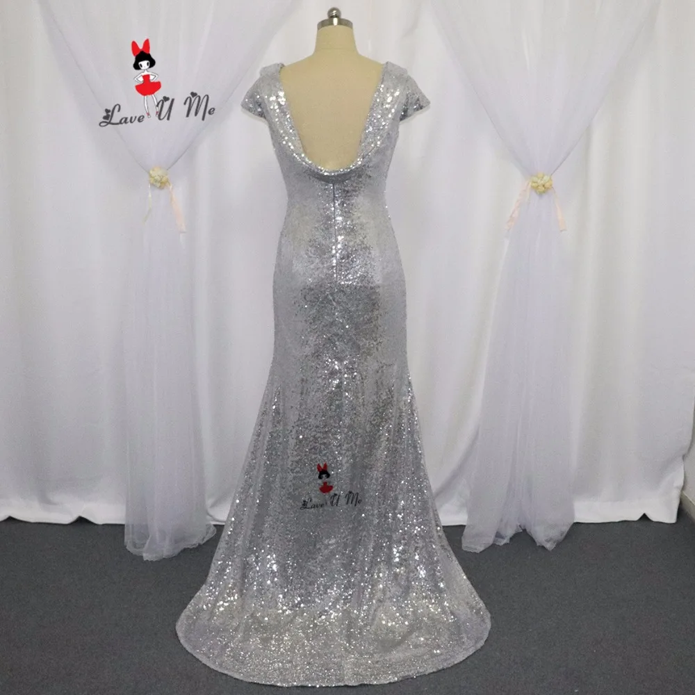 Hot Sell Silver Sequin Formal Evening Gowns Cap Sleeve Mermaid Long