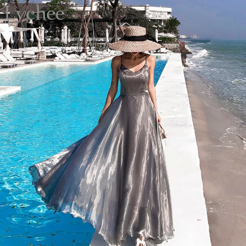 

Lychee Sexy Straps Female Off Shoulder Dress Sleeveless Ankle Length Big Pendulum Solid Color Loose Spring Summer Women Dress