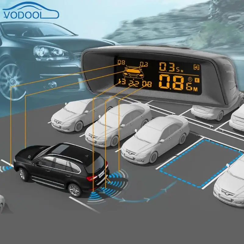 VODOOL LCD Car Parking Sensor Kit 8 Sensors Backlight Rear Reverse Backup Radar Monitor System DC 10V-16V Parking Assistance