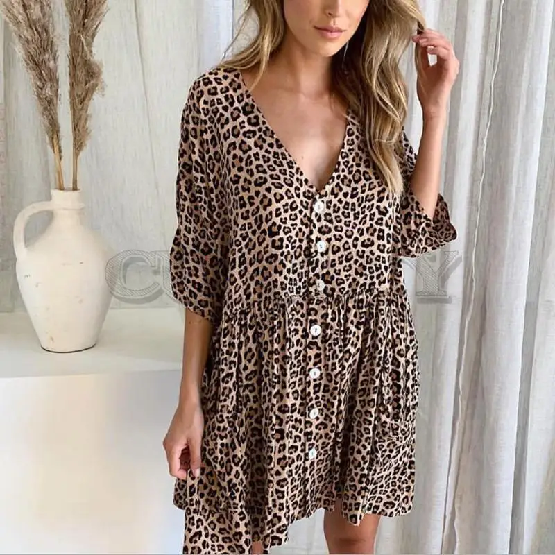 Image Cuerly Long Sleeve Dresses Leopard Printed Women Mini Dress V Neck Shirt Vestidos with Buttons Casual Loose robe femme
