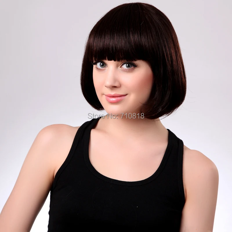 Chestnut Brown Straight Dark Brown Blunt Fringe Short Hair Wig For