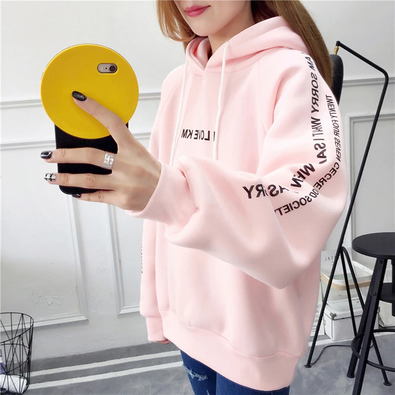 stronggirl 2019 Winter Solid Thick Pullovers Loose Women Slim Letter Print Harajuku Hooded Casual Hoodies Sweatshirt