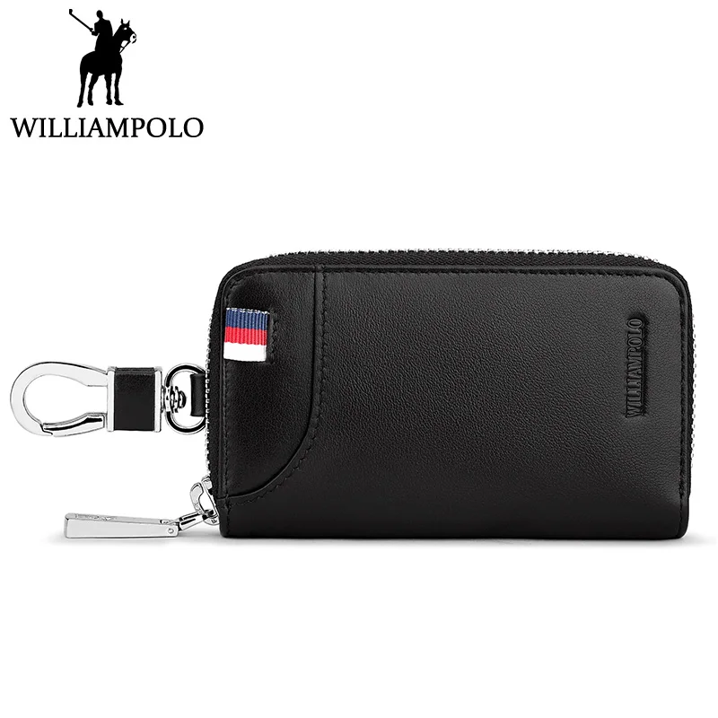 

WILLIAMPOLO Genuine Leather Key Holder Car Key Bag Case Men Fashion Brand Key Organizer Case Zipper Natural Cowhide Slim Wallet