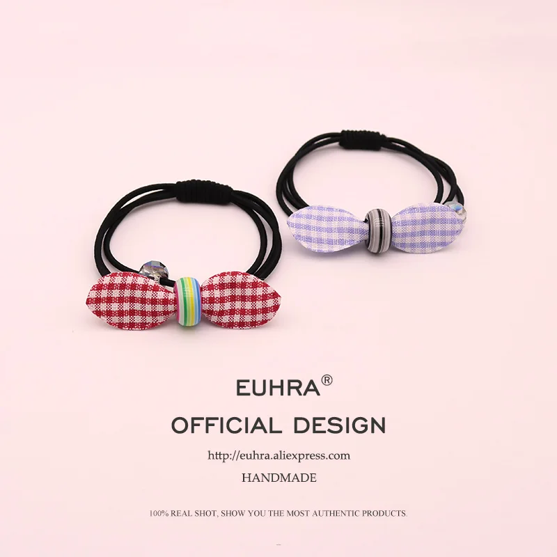 

EUHRA 4 Colors Elastic Bow-knot Plaid Crystal Ball For Women Hair Band Kid Children Rubber Band High Elasticity