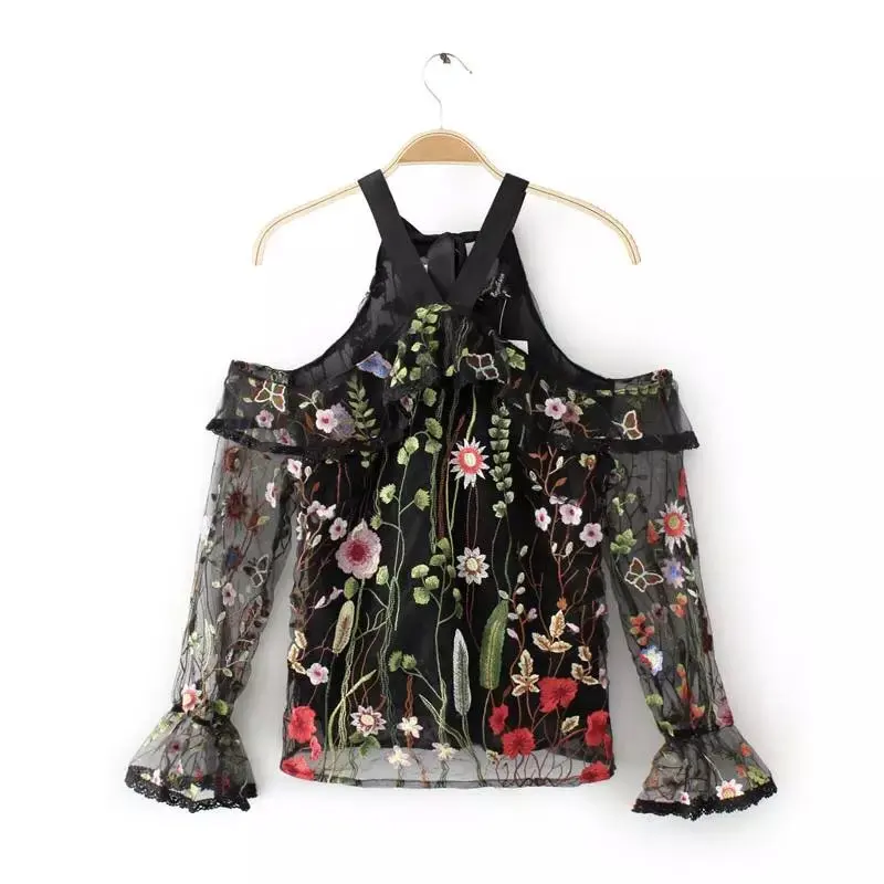 2017 new women elegant flower embroidery mesh slim blouses shirts retro
