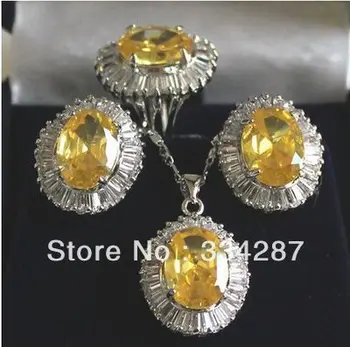 

Fine 10-14mm yellow zircon beads 18KGP earring ring pendant set