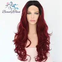 BeautyTown Ombre Black to Wine Red Hand Tied Heat Resistant Fiber Hair Wigs Body Wave Style Glueless Synthetic Front Lace Wig