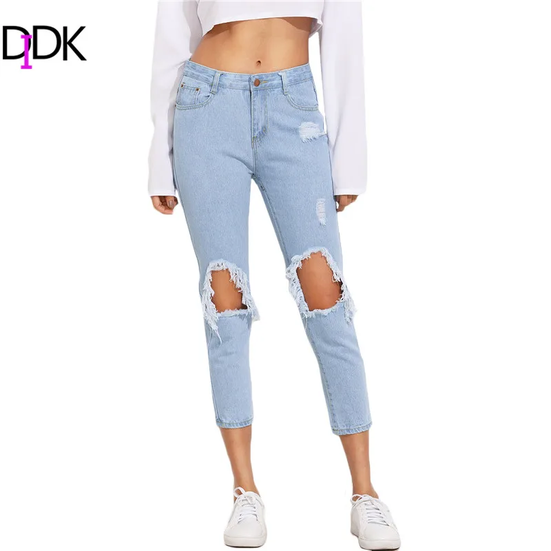 

DIDK Ladies Boyfriend Denim Jeans Women Autumn Trousers 2016 Casual Blue Mid Waist Button Fly Ripped Skinny Pants