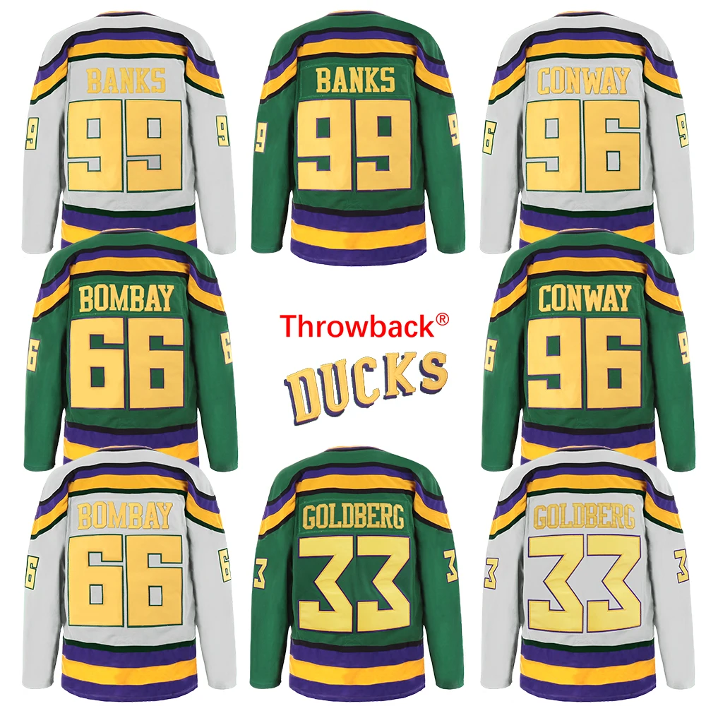 

Throwback Jersey Men's Mighty Ducks Movie Jersey #96 Charlie Conway 33 Greg Goldberg 99 Adam Banks 66 Gordon Bombay Jersey