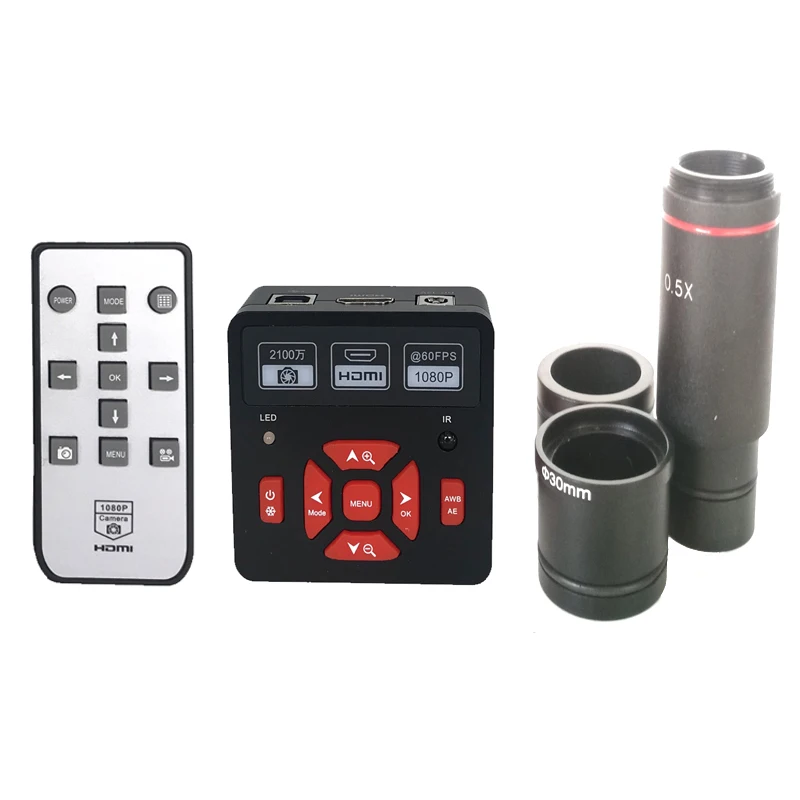

1080P 21MP HD HDMI USB IR Remote Controller Digital Microscope Camera +0.5X C-Mount lens with 30.5mm 30mm adapter ring lens
