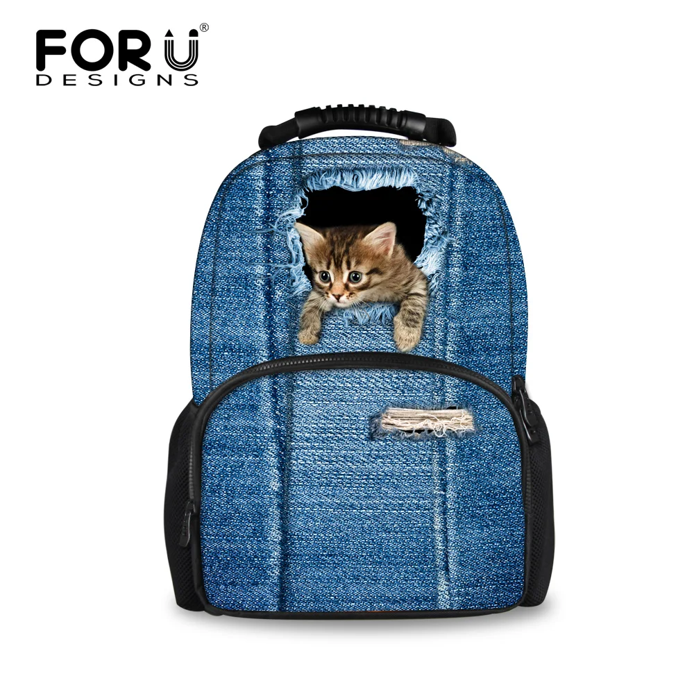 FORUDESIGNS Demin 3D Cat Dog Printing font b Backpacks b font for Teenage Girls font b