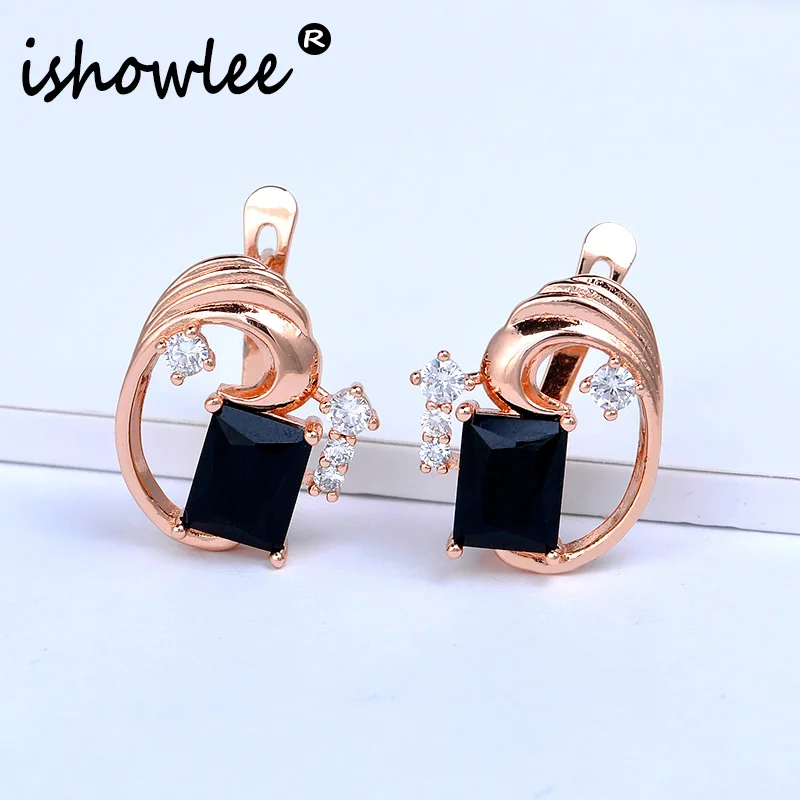Isholee, большие квадратные серьги из натурального циркония 585 розового золота для женщин, модные серьги-гвоздики с черными камнями для девочек, ювелирное изделие esp03