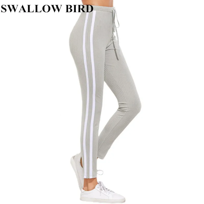2018 New Striped Workout Casual Pants Women Grey High Waist Skinny Lace-up Leggings Knit Sweatpants Sexy Elastic Trousers Femme 2018 New Striped Workout Casual Pants Women Grey High Waist Skinny Lace-up Leggings Knit Sweatpants Sexy Elastic Trousers Femme