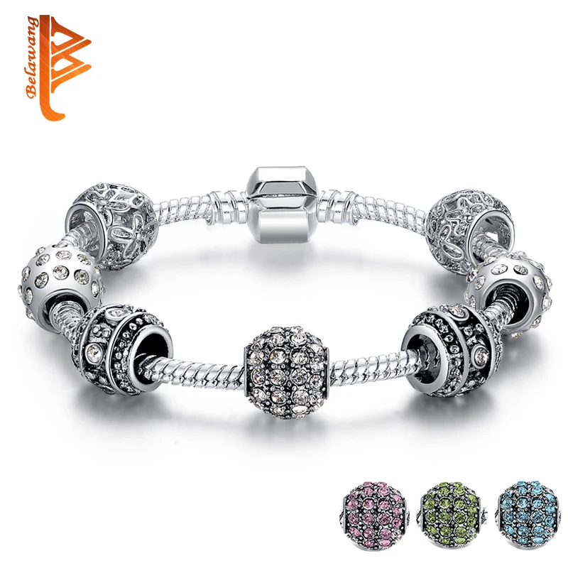 BELAWANG Moda Mulheres Pulseira Pandora de Cor Prata Pulseiras de Cristal Do Grânulo Charm Bracelet Para As Mulheres Jóias de Natal Original Do Presente