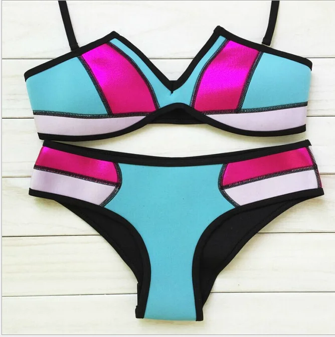 2016 new style Neoprene swimsuit splicing Multicolor sexy halter bikini two piece hot sale free shipping