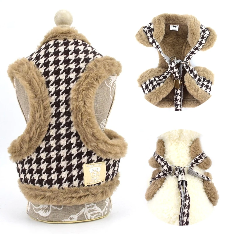 Kopen Winter Warm Hond Pet Harnas Set Hondenriem Dikke Faux Fur Zachte Hond Harnas Vest Teddy Poedel Kleine Hond arnes perro SML
