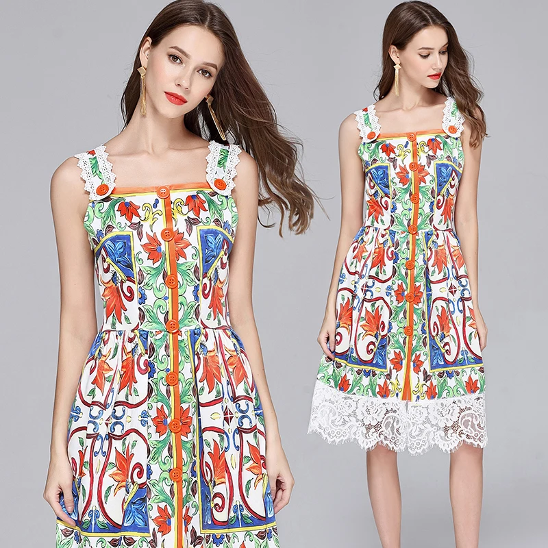 

Summer Dress Women Luxury Brand Dress 2018 Fashion White Lace Patchwork Classical Blue And White Porcelain Printed Halter Dress