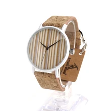 BOBO BIRD E17 Mens Womens Bamboo Wooden Watch Dial Stainless Steel Case With Cork Leather BandThickness 10mm