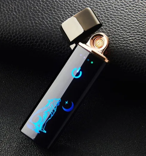 USB Зажигалка для сигарет для курения Электронная Turbo Tugsten изогнутая полноэкранная перезаряжаемая WilndProof гравировка имени - Цвет: black nickel wolf