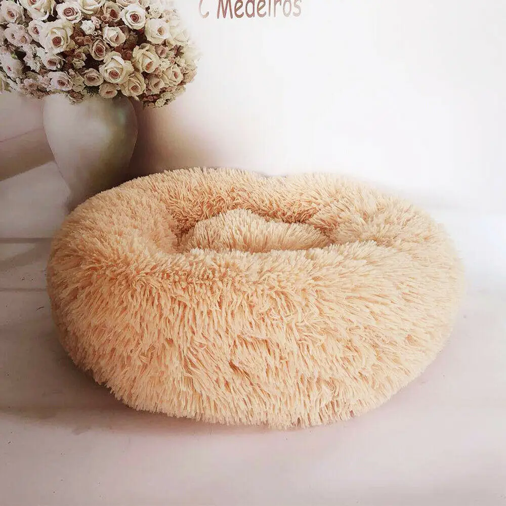 Faux Fur Round Shape Cuddler Cat Dog Bed Warm Plush Dog Puppy Mat Winter Pet Bed Fluffy Fleece Blanket House - Цвет: Apricot