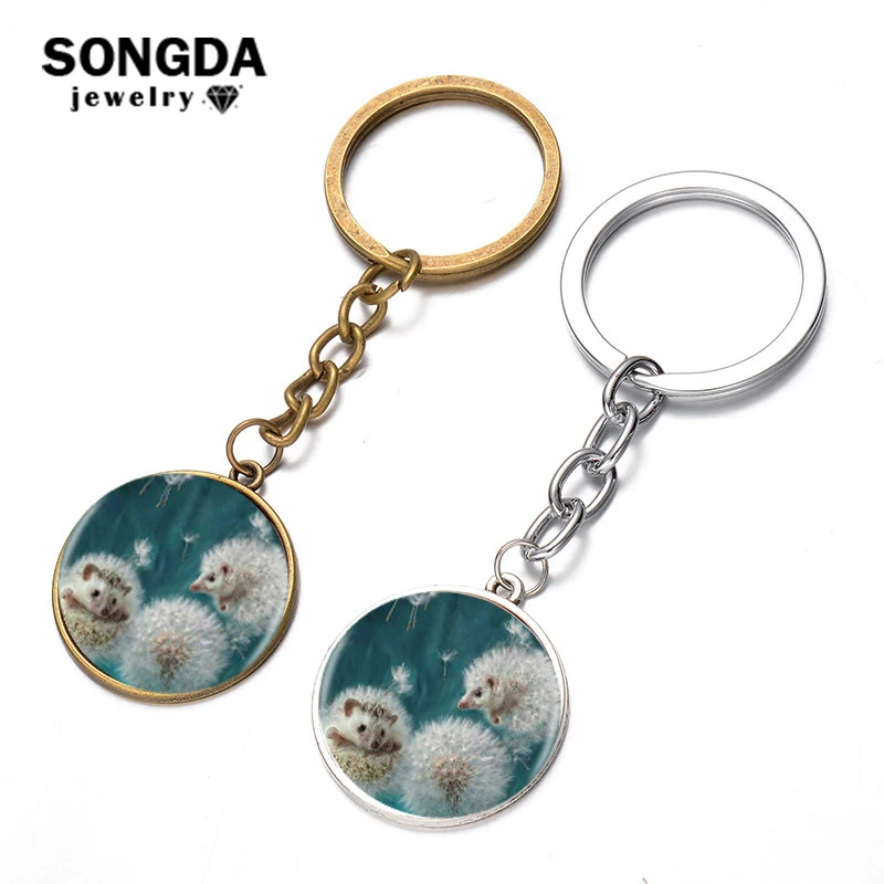 

SONGDA Hedgehog In The Fog keychain Soft Dandelion Hedgehog Art Metal Key Chain Glass Gem Handmade Pendant Sleutelhanger Jewelry