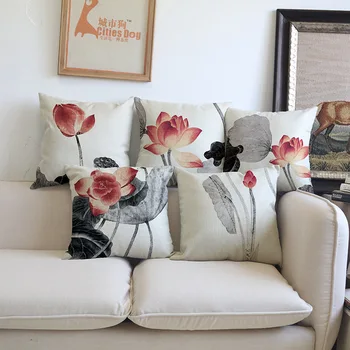 

45x45/50x50/60x60/40x60/50x70cm Chinese ink painting Lotus linen pillowcase sofa cushion cover for pillow decorative pillow case