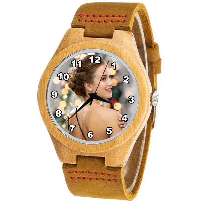 

A3315w Custom logo watch Print with your own Photo natural Wood Bamboo clock hand made gift for girl women female wristwatch hot