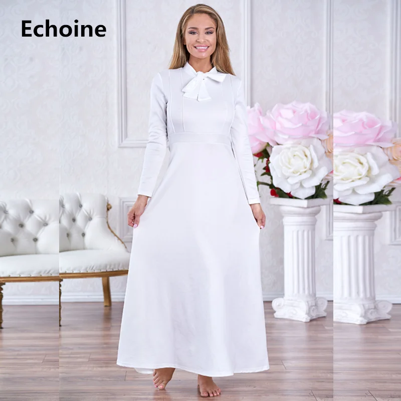 

Women Long Sleeve Elegant Maxi White Dress with Bow Winter Dress High Waist Slim A-line Party Dress Office Work Vintage Vestidos