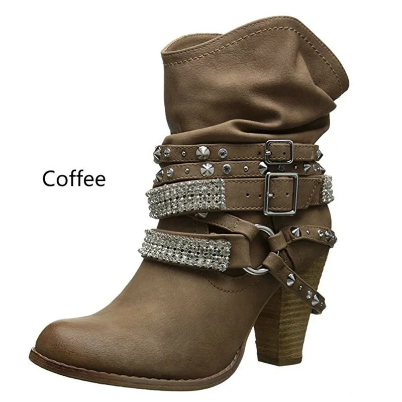 

2018 Fashion PU Leather Boots for Women Square Heel Mid-Calf Boots Spring Autumn Crystal Women Snow Boots Female Footwear