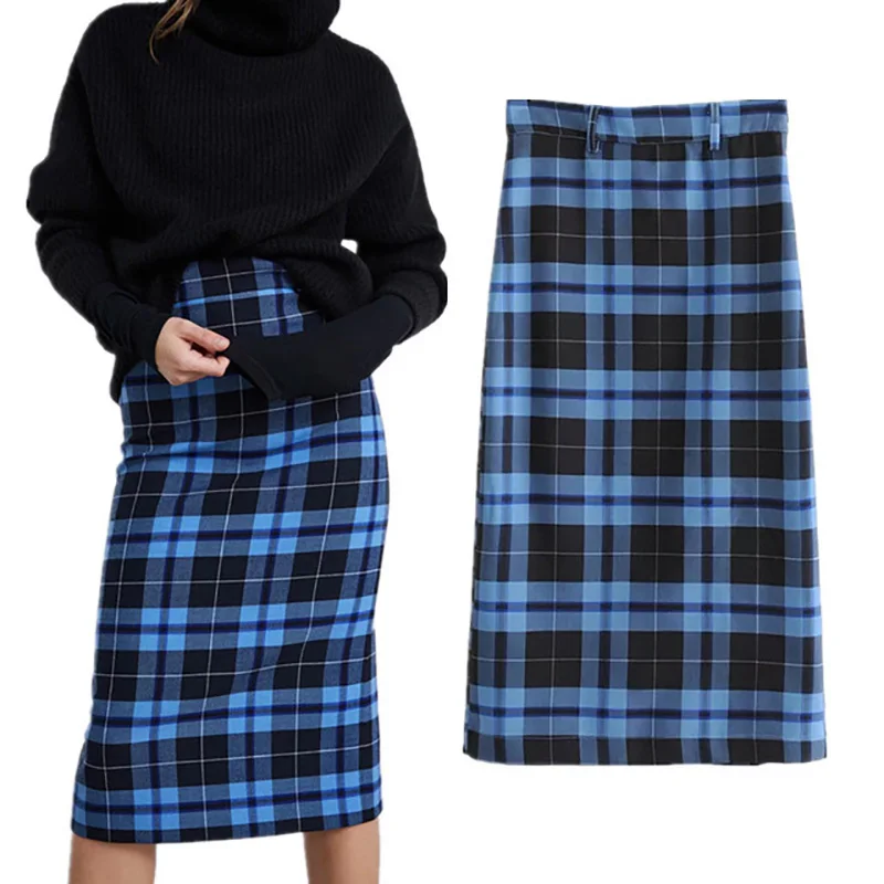 

JXYSY 2019 harajuku skirt women englang style blue plaid long skirt midi sexy skinny Forking skirts womens faldas plus size