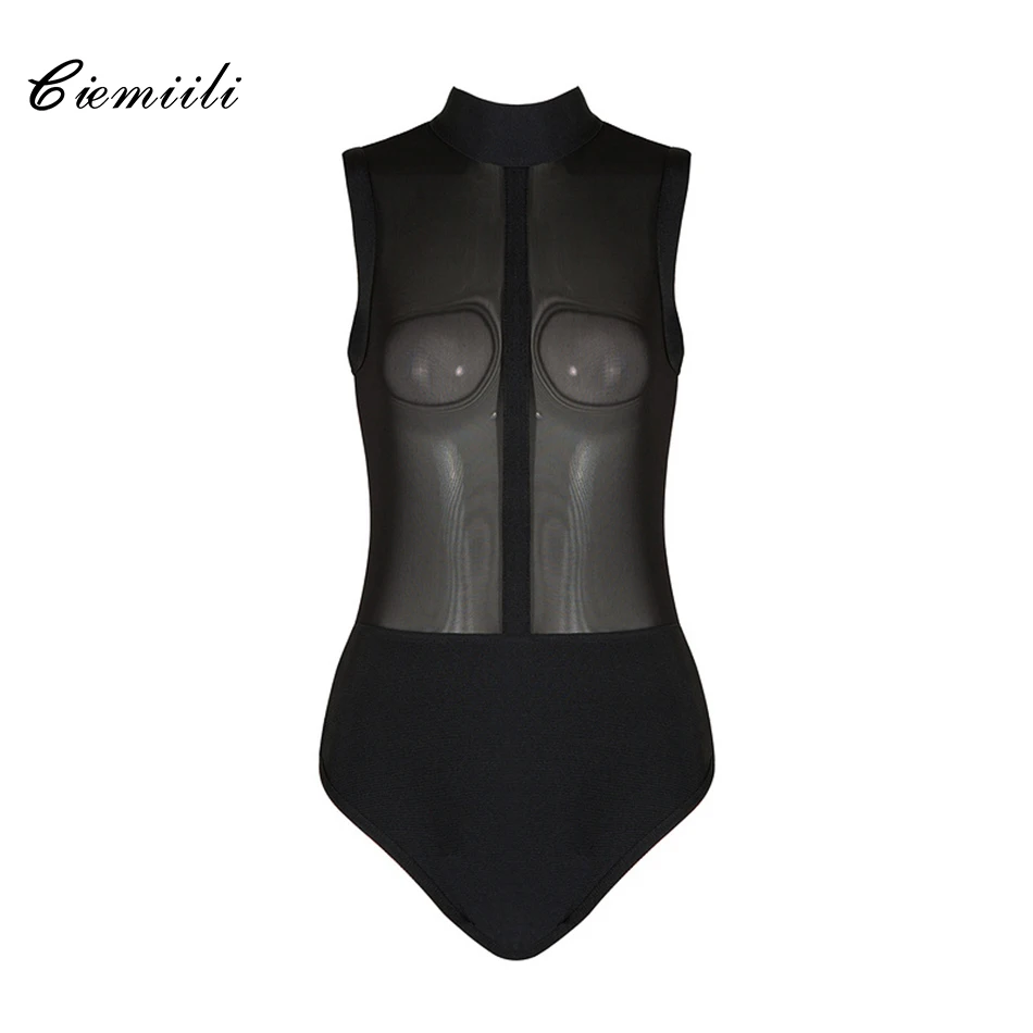 CIEMIILI 2017 Fashion Mesh Patchwork Women Bandage Bodysuits Turtleneck Skinny Tank Rompers Solid Bodycon Nightclub Casual Wear