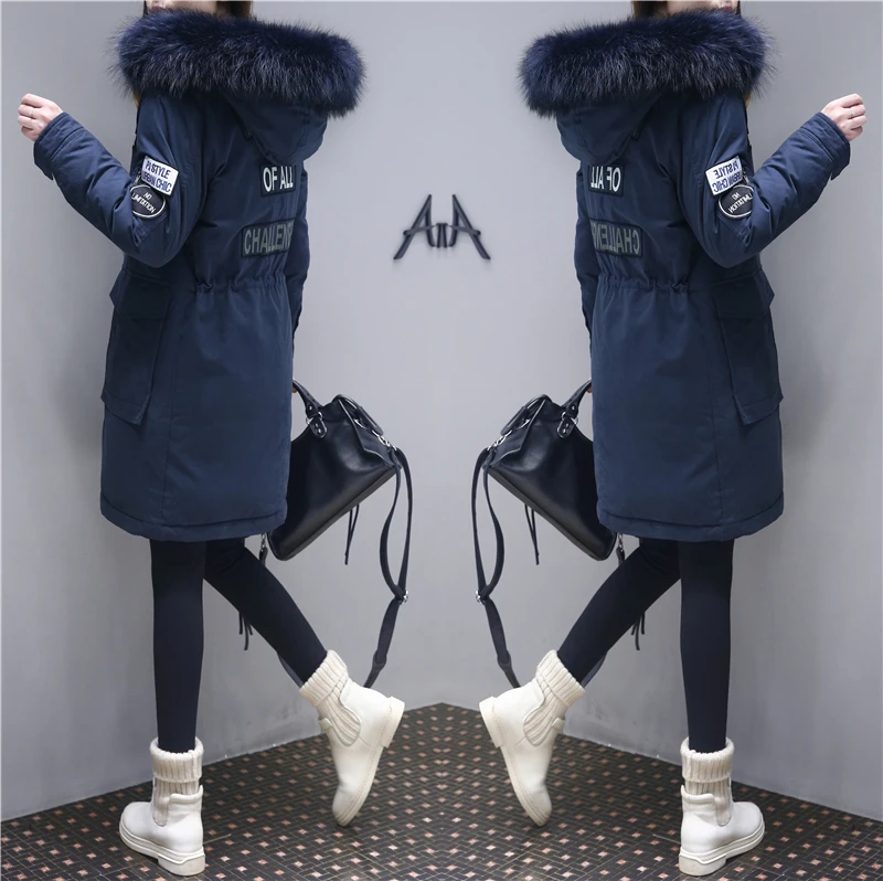 #*Cheap 2018 Winter Medium Long Length Thickened Down Fur Collar Pockets Zipper Alphabet Cotton Padded Jacket Coat Woman Outwear