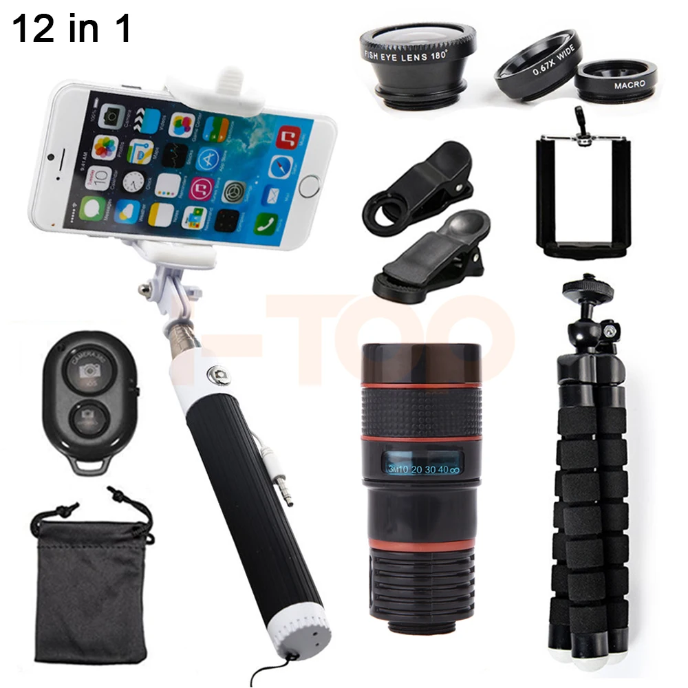 2017 Mobile lenses Kit 8X Zoom Telephoto Lens With Tripod Clips Monopod Telescope Macro Wide Angle Fisheye Lentes For Cell Phone